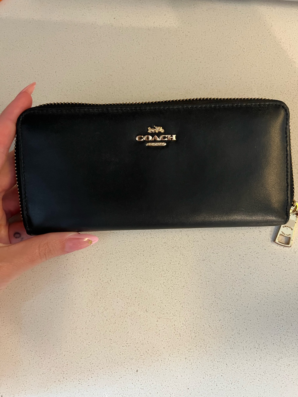 Coach Black Leather Zip Wallet with Gold Logo